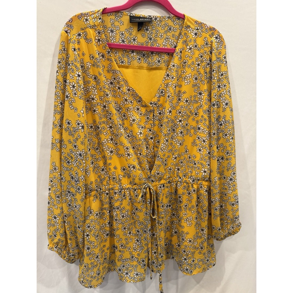 LAne Bryant Yellow Floral Long Sleeve V-Neck Drawstring Peplum Blouse Size 16